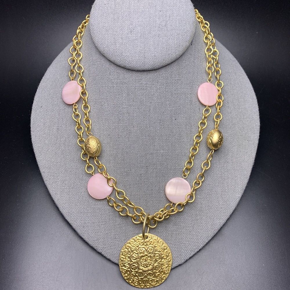 Birch Hill Pendant Necklace Matte Gold Tone Medallion Pink Shell Layered Boho